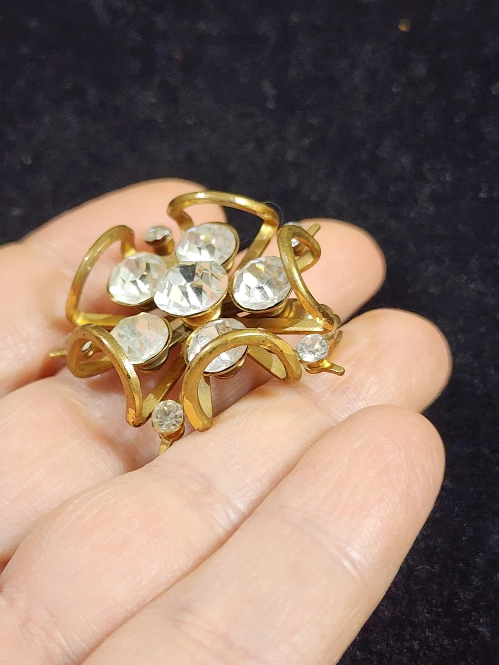 Vintage 60s Rhinestone Filigree Brooch Gold Tone Atomic Starburst Statement Pin